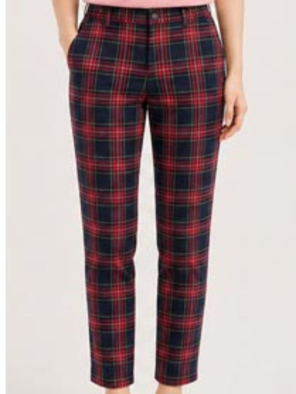 Women’s Red & Navy Plaid Straight-Leg Pants with Pockets